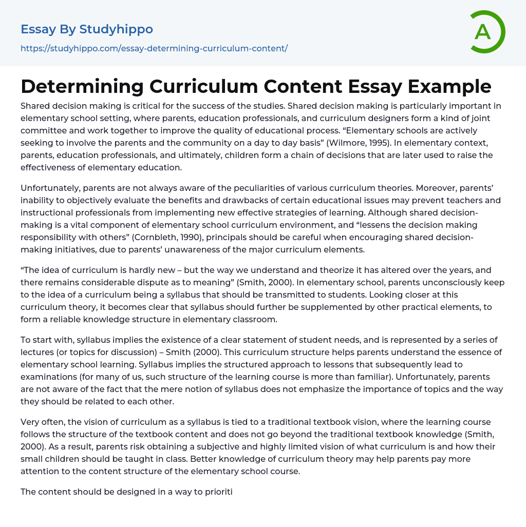 Determining Curriculum Content Essay Example