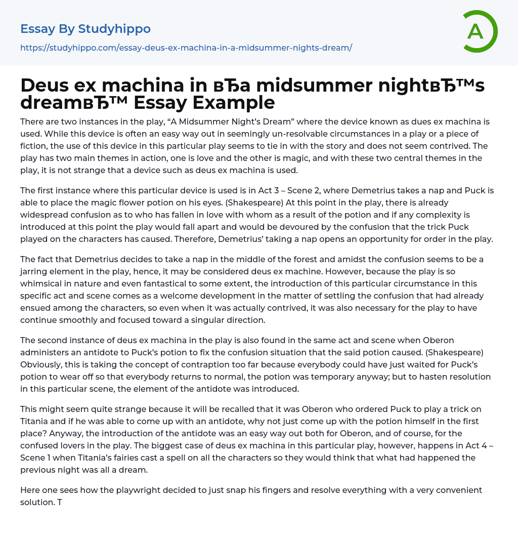 Deus ex machina in “a midsummer night’s dream Essay Example