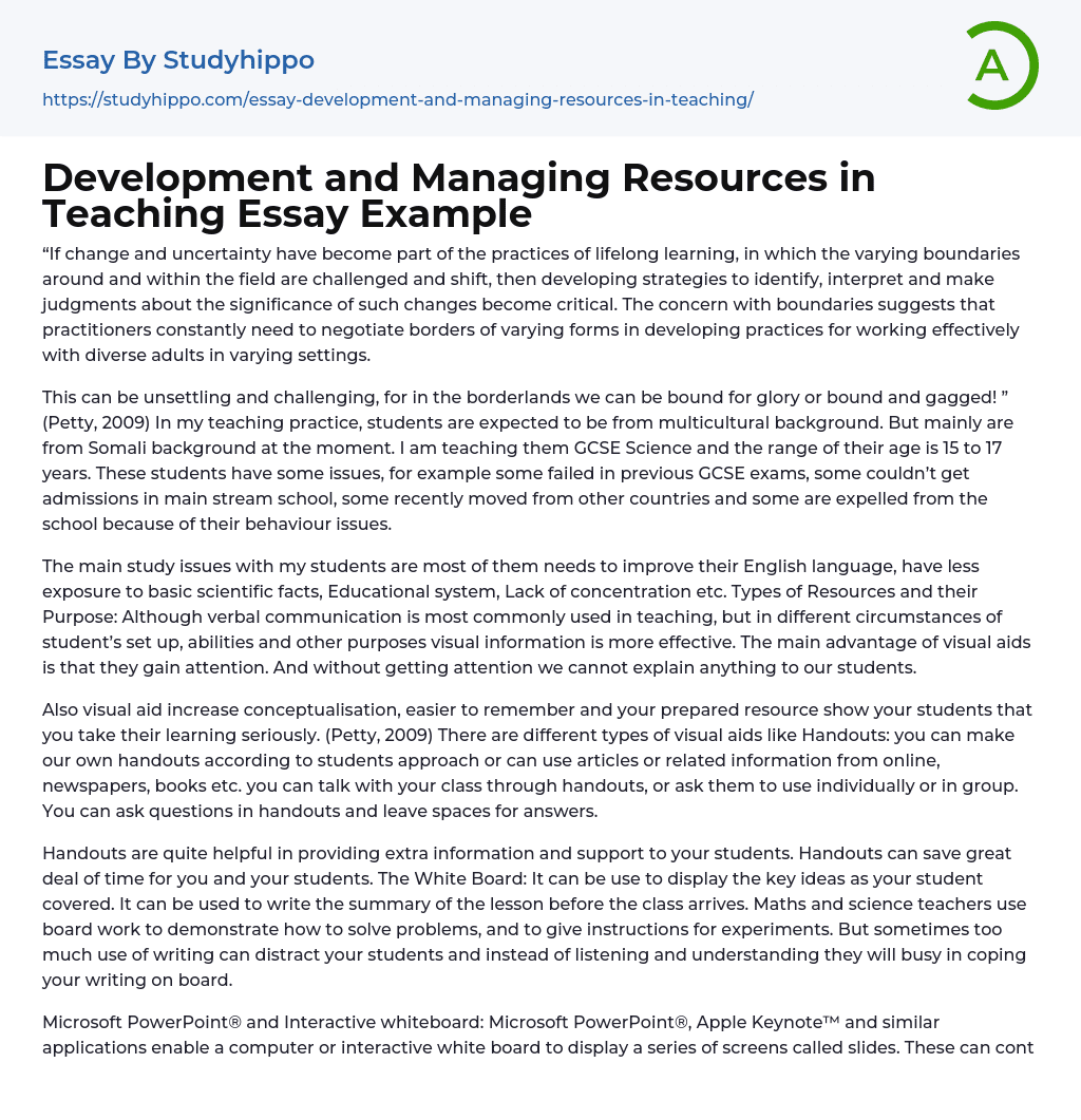 Development and Managing Resources in Teaching Essay Example