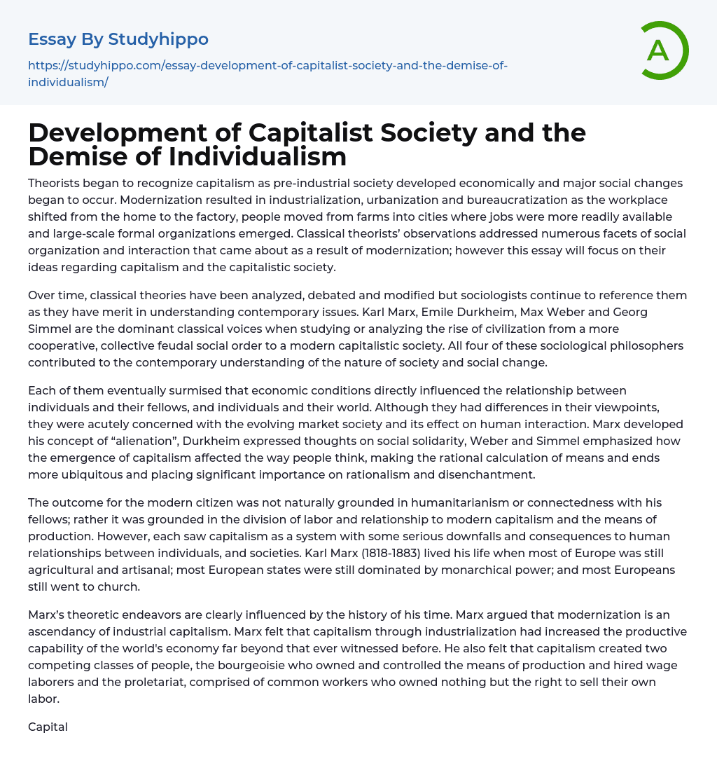 Development of Capitalist Society and the Demise of Individualism Essay Example