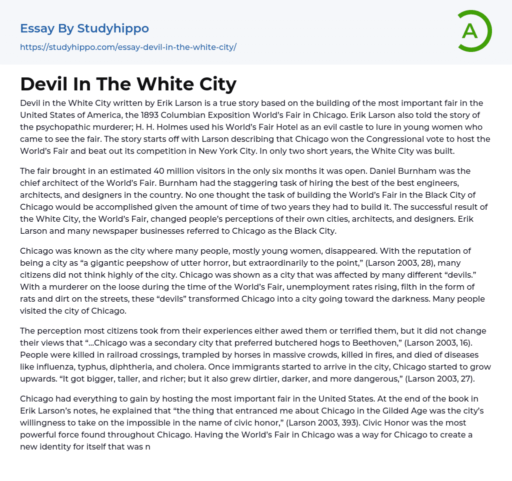 Devil In The White City Essay Example