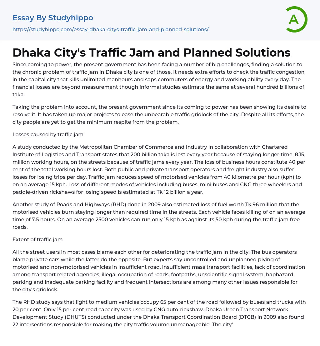 Dhaka City’s Traffic Jam and Planned Solutions Essay Example