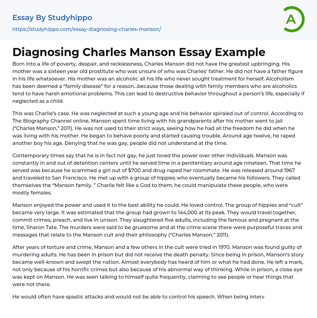 Diagnosing Charles Manson Essay Example