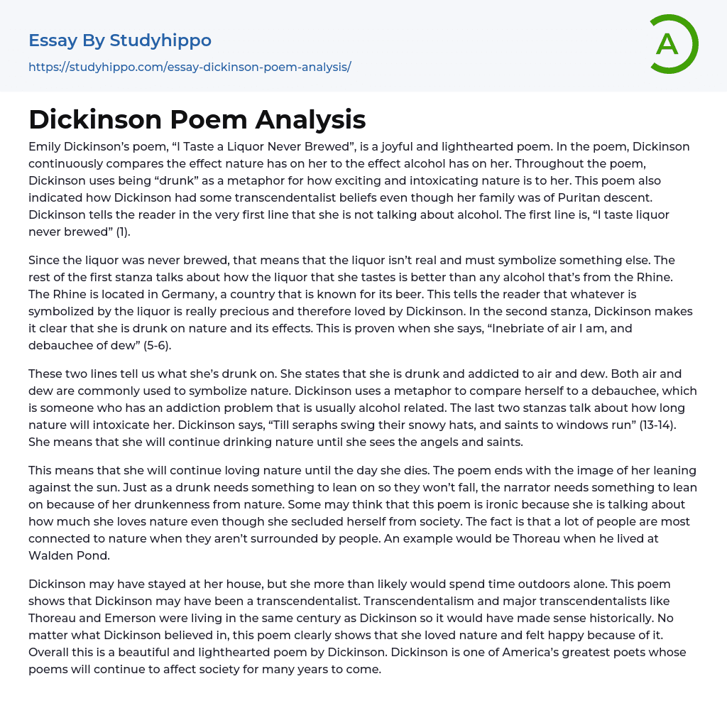 Dickinson Poem Analysis Essay Example