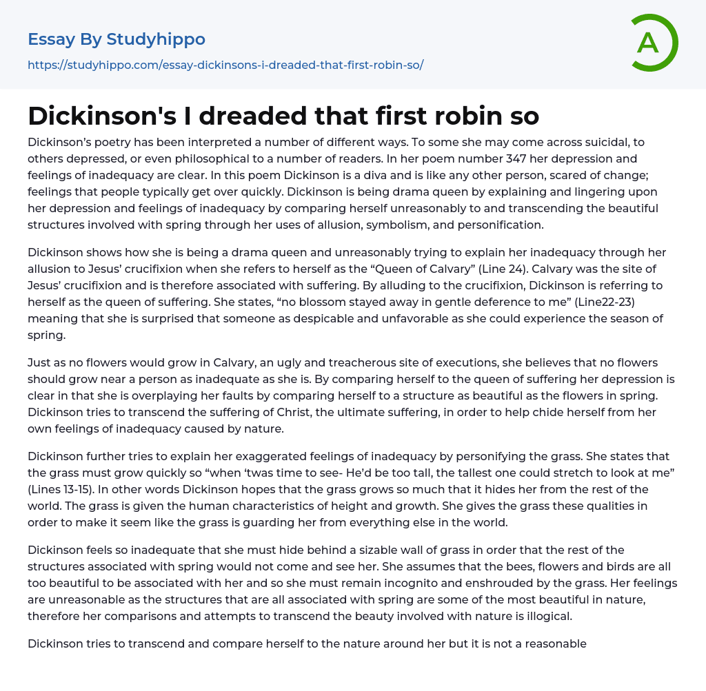 Dickinson’s I dreaded that first robin so Essay Example
