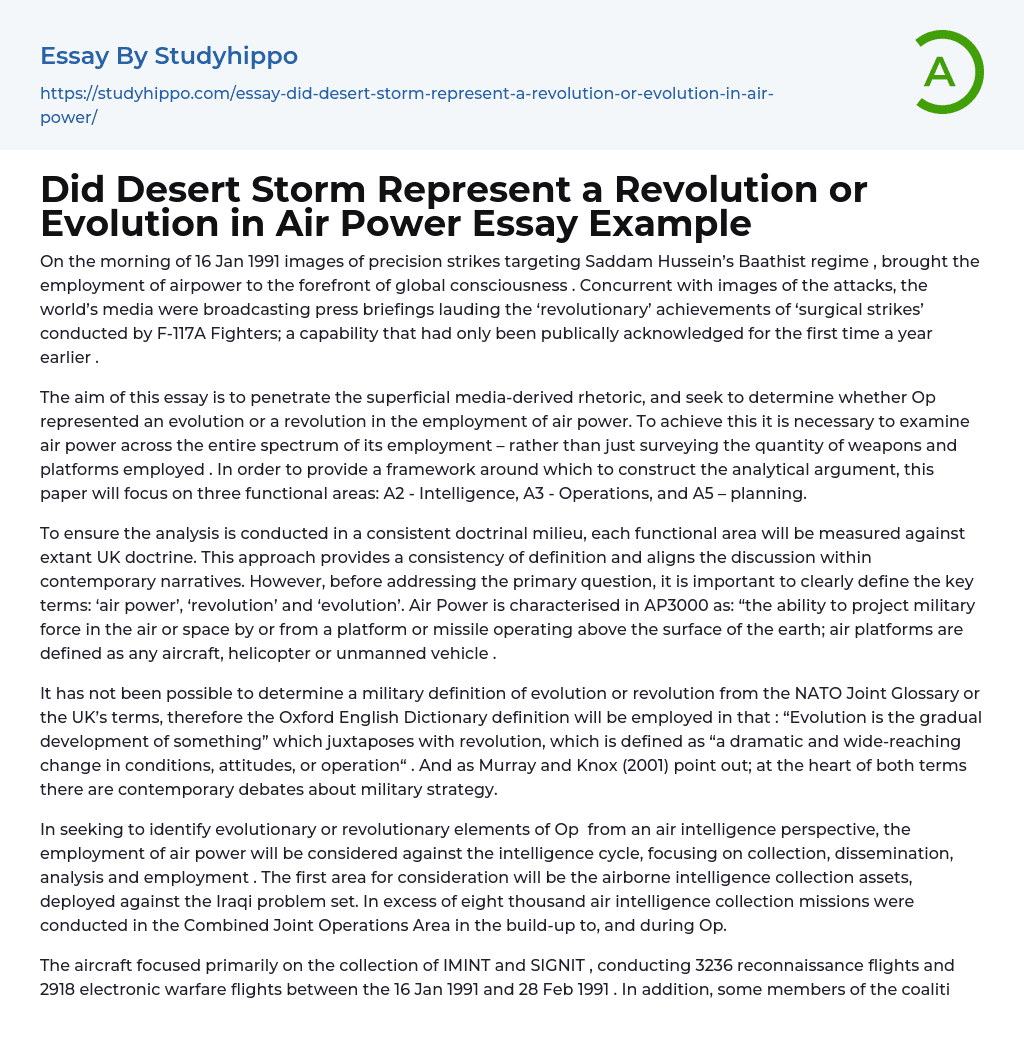 Did Desert Storm Represent a Revolution or Evolution in Air Power Essay Example