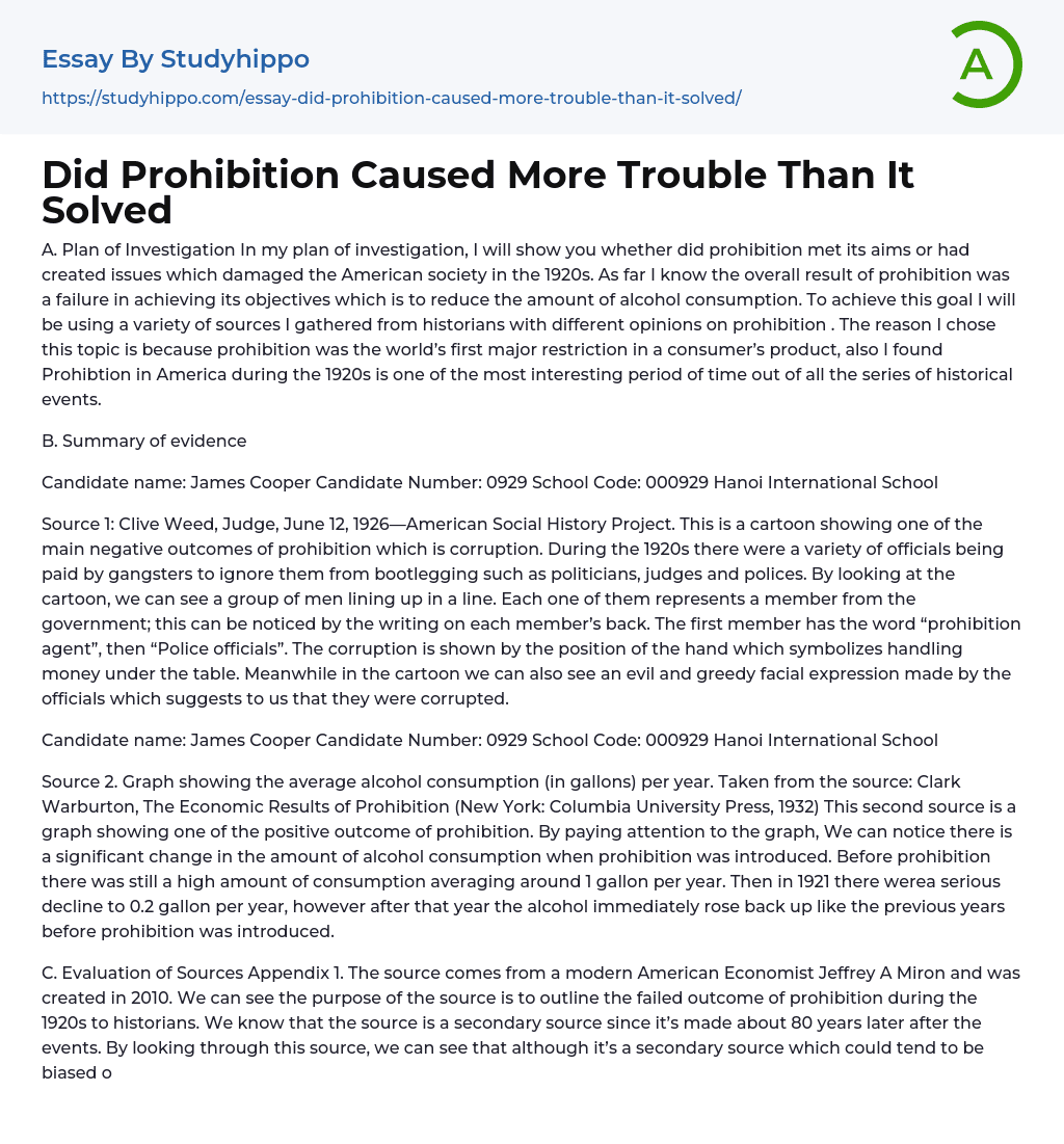 Did Prohibition Caused More Trouble Than It Solved Essay Example