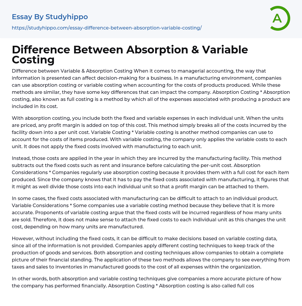 Difference Between Absorption & Variable Costing Essay Example