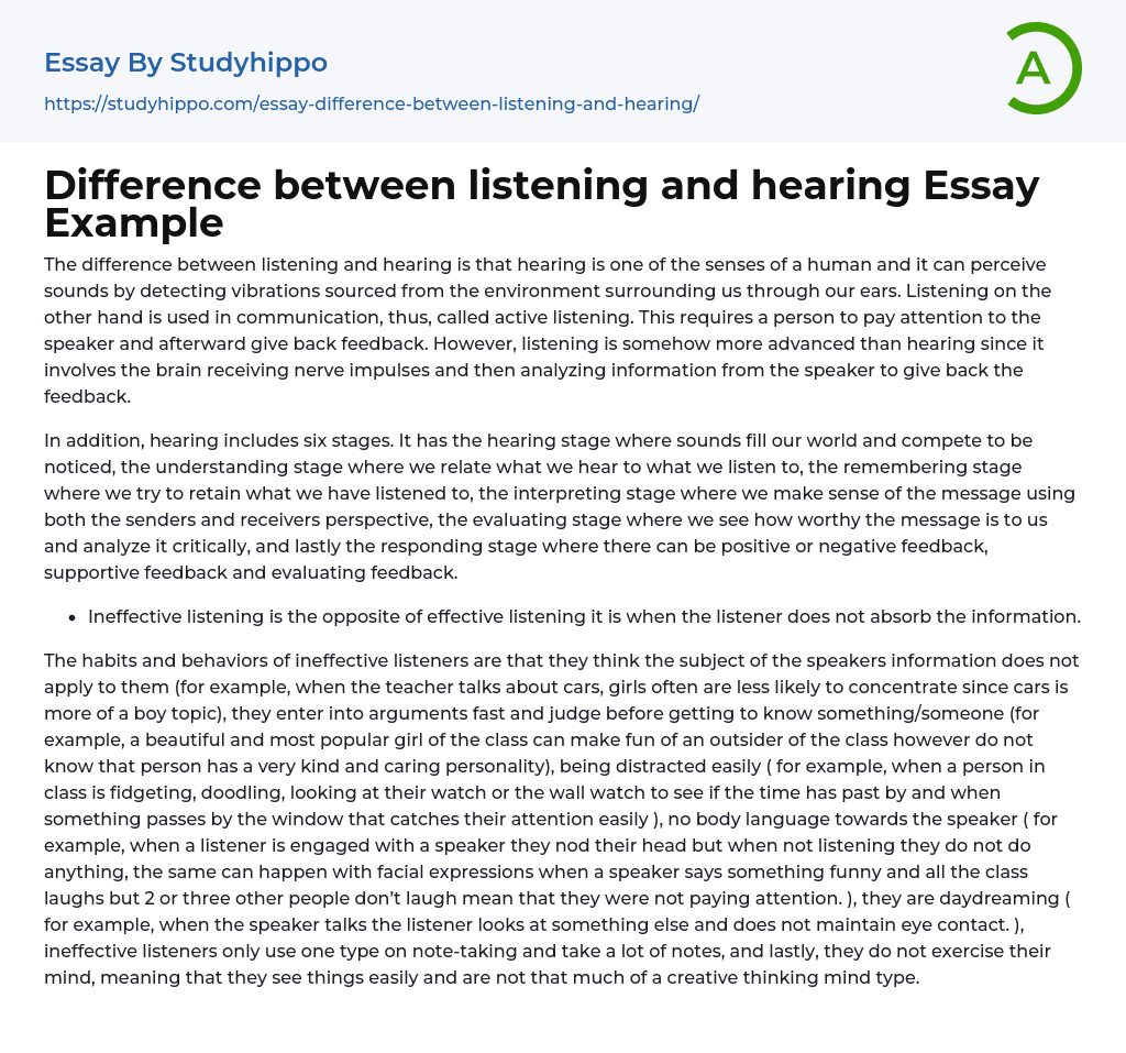 Difference between listening and hearing Essay Example