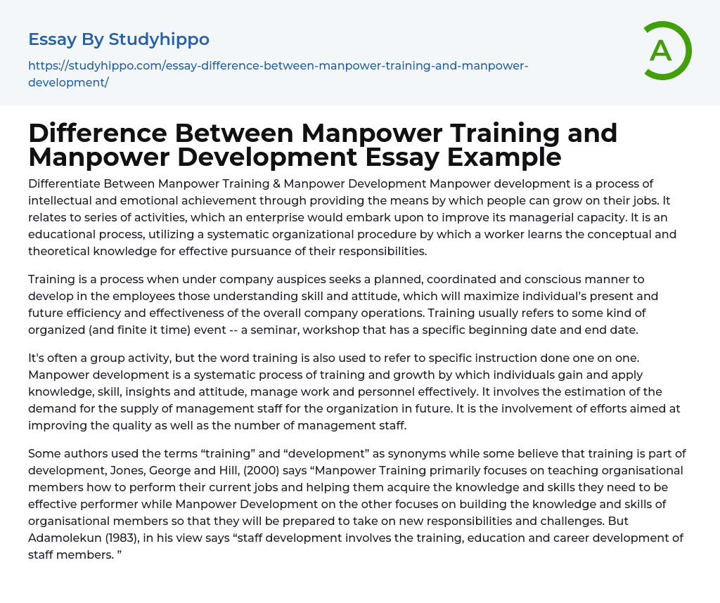 Difference Between Manpower Training and Manpower Development Essay Example