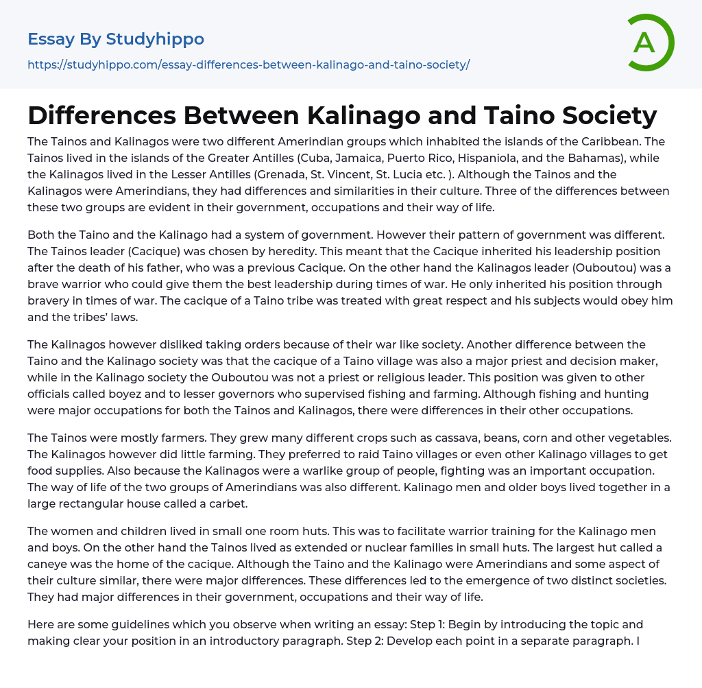 Differences Between Kalinago and Taino Society Essay Example