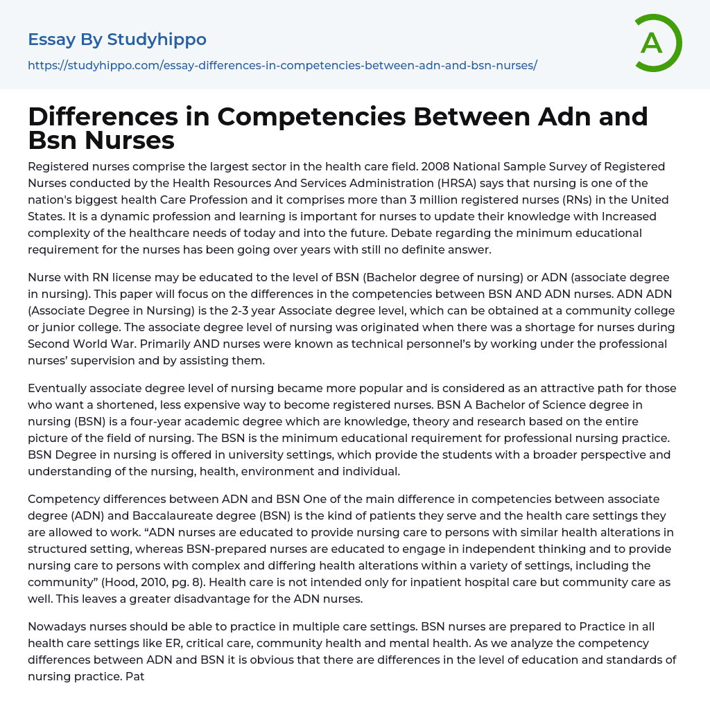 Differences in Competencies Between Adn and Bsn Nurses Essay Example