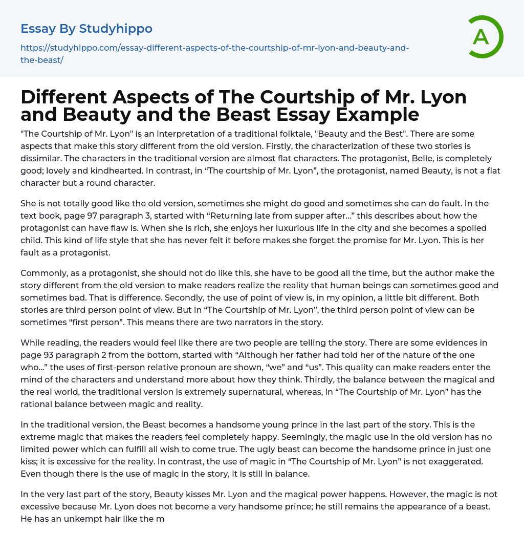 Different Aspects of The Courtship of Mr. Lyon and Beauty and the Beast Essay Example