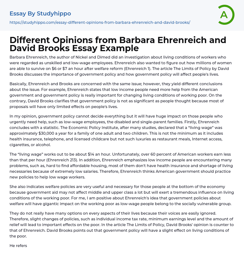 Different Opinions from Barbara Ehrenreich and David Brooks Essay Example