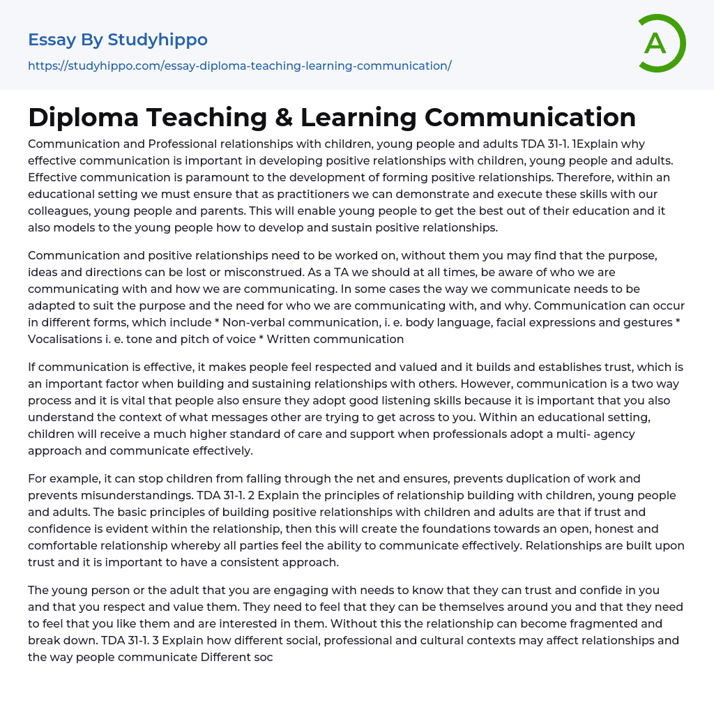 Diploma Teaching & Learning Communication Essay Example