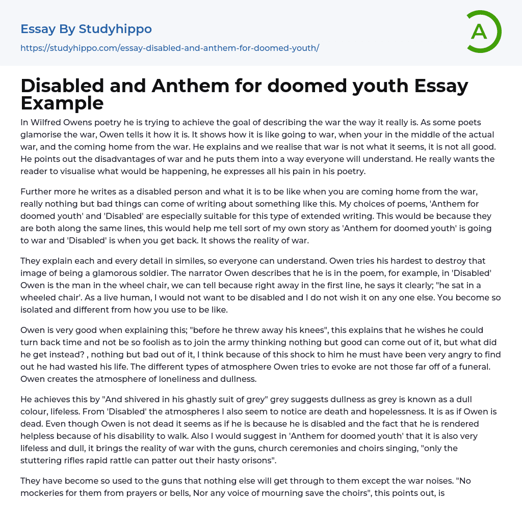 Disabled and Anthem for doomed youth Essay Example