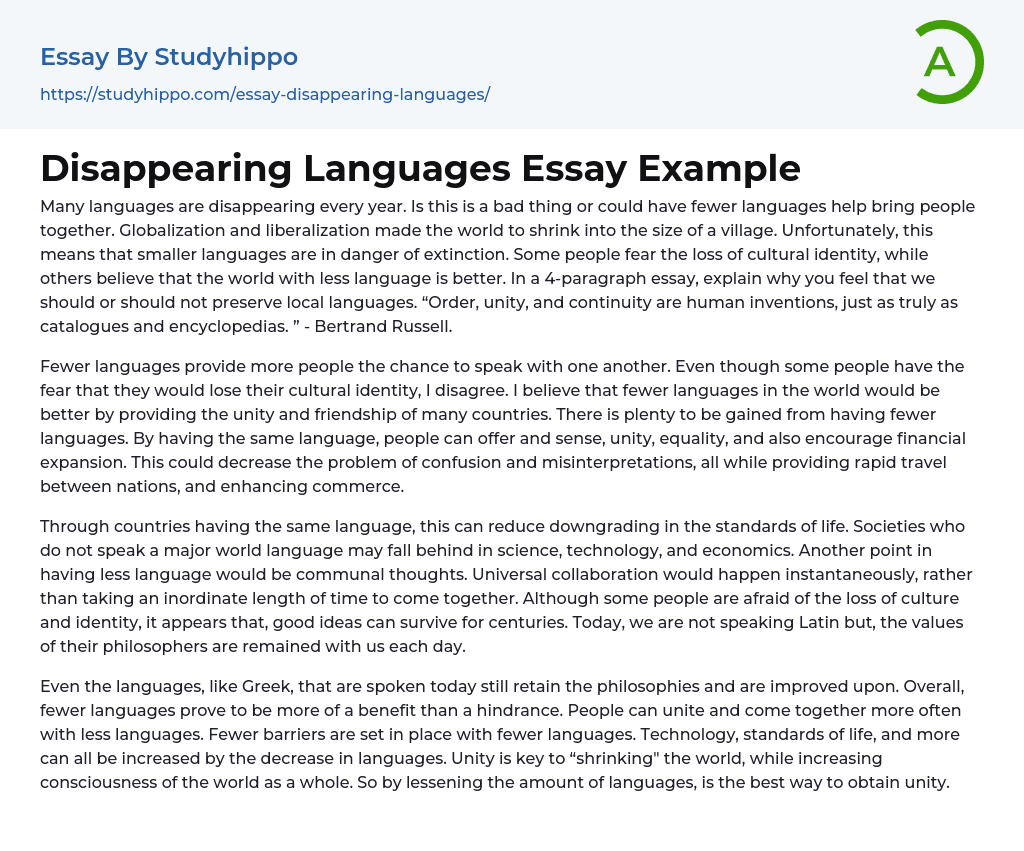 Disappearing Languages Essay Example
