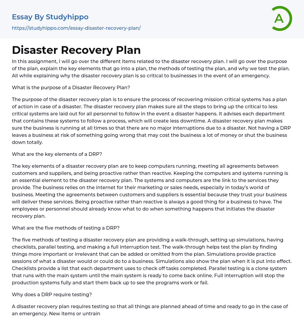 Disaster Recovery Plan Essay Example