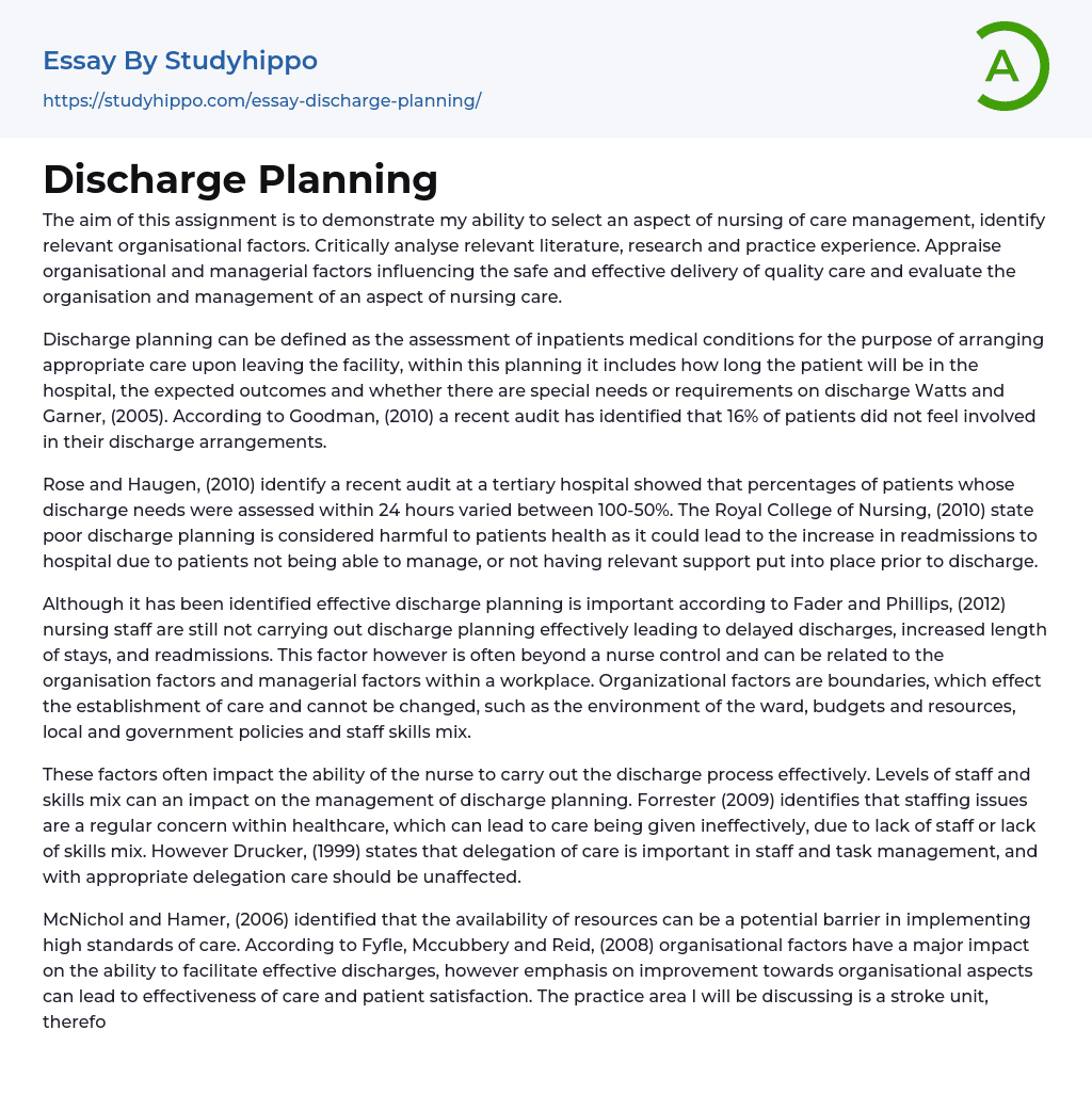 Discharge Planning Essay Example
