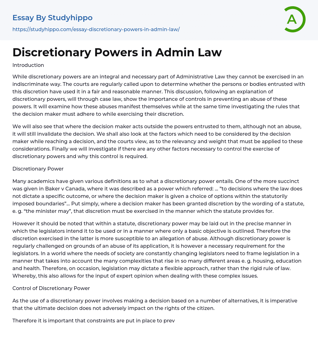 Discretionary Powers in Admin Law Essay Example