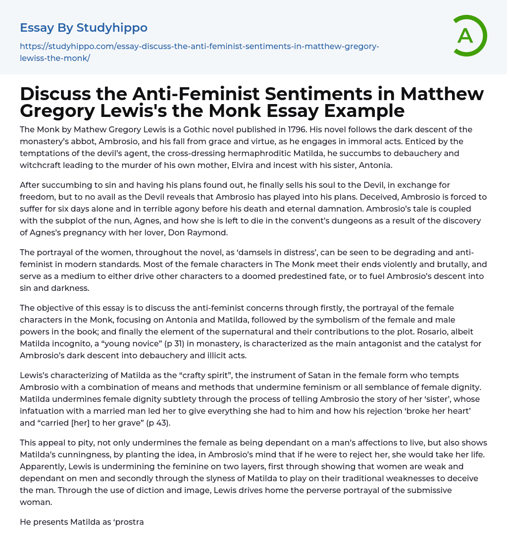 Discuss the Anti-Feminist Sentiments in Matthew Gregory Lewis’s the Monk Essay Example