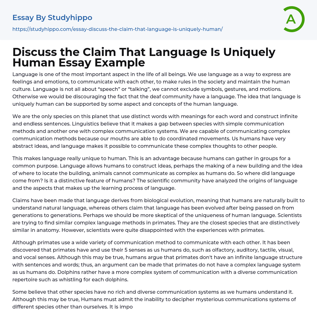 Discuss the Claim That Language Is Uniquely Human Essay Example