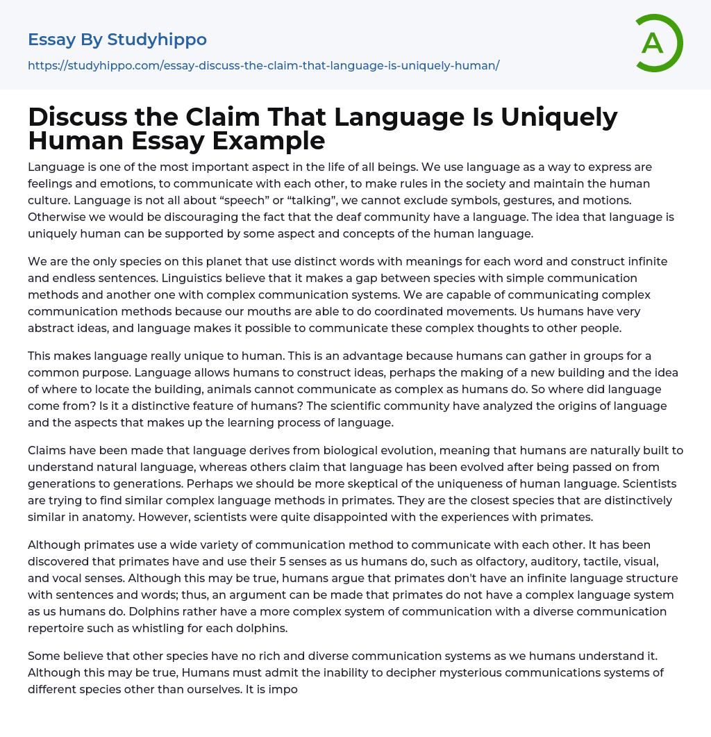 Discuss The Claim That Language Is Uniquely Human Essay Example 