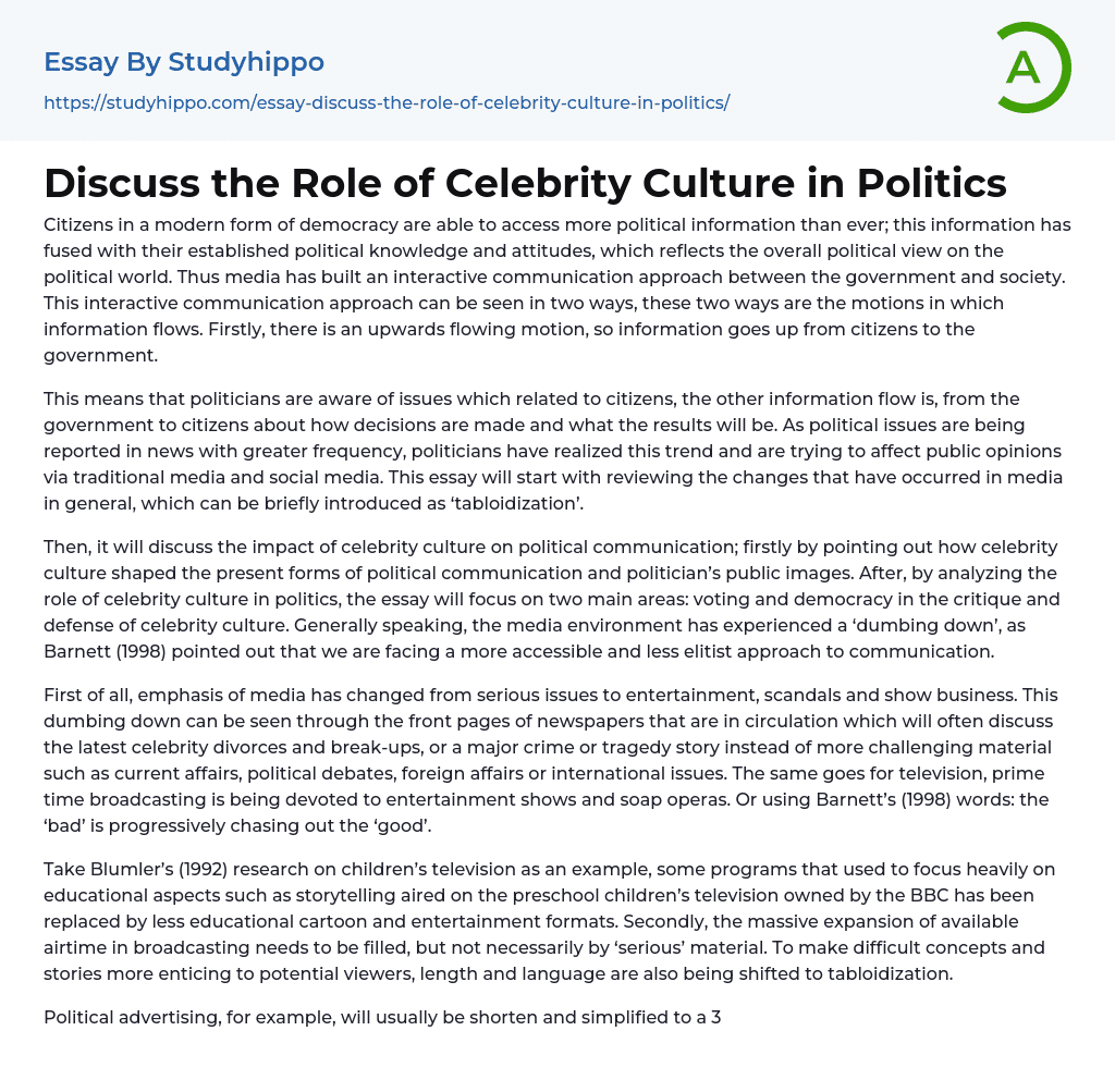 Discuss the Role of Celebrity Culture in Politics Essay Example