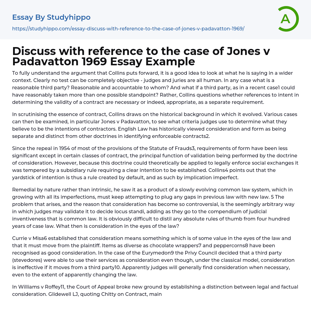 Discuss with reference to the case of Jones v Padavatton 1969 Essay Example