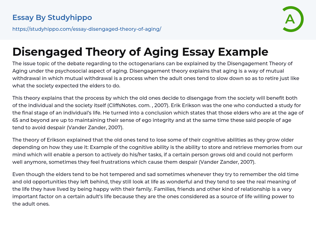 Disengaged Theory of Aging Essay Example
