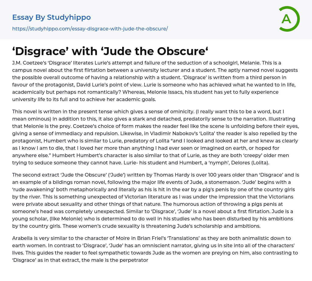‘Disgrace’ with ‘Jude the Obscure‘ Essay Example