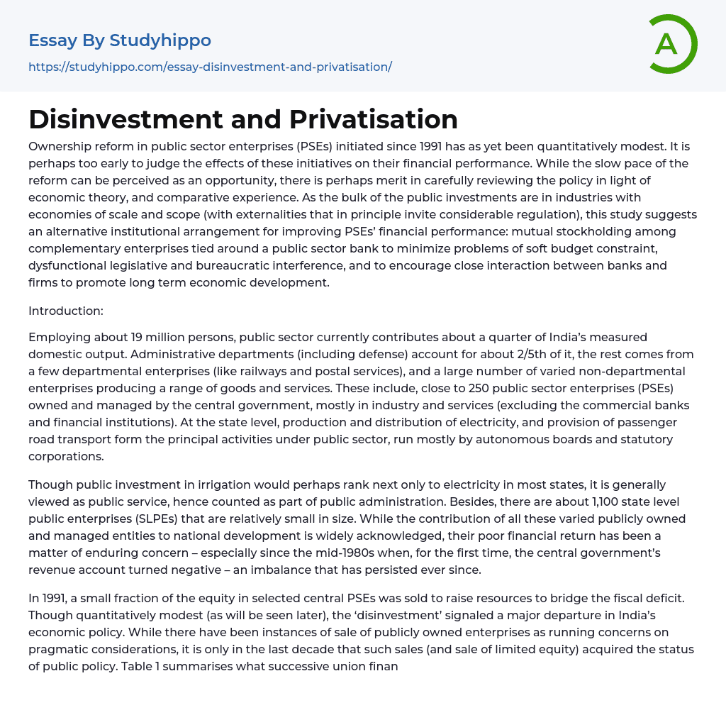 Disinvestment and Privatisation Essay Example
