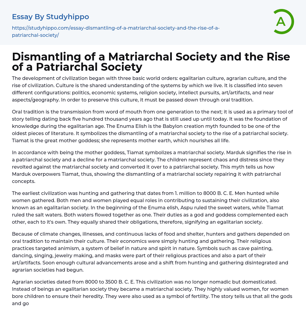 Dismantling of a Matriarchal Society and the Rise of a Patriarchal Society Essay Example
