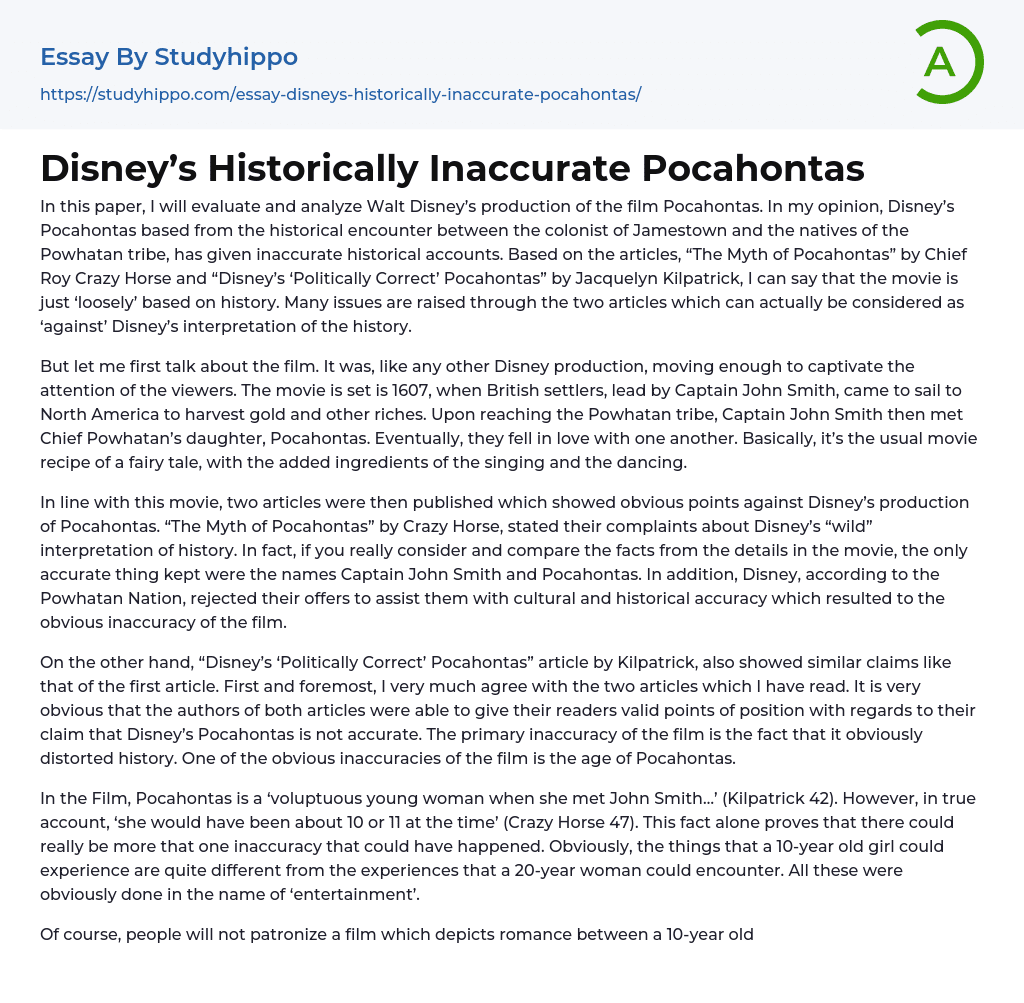 Disney’s Historically Inaccurate Pocahontas Essay Example