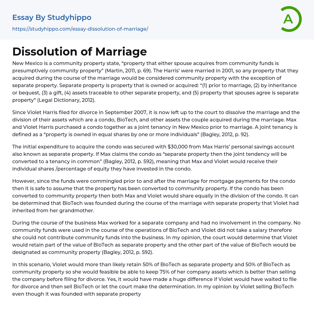 Dissolution of Marriage Essay Example