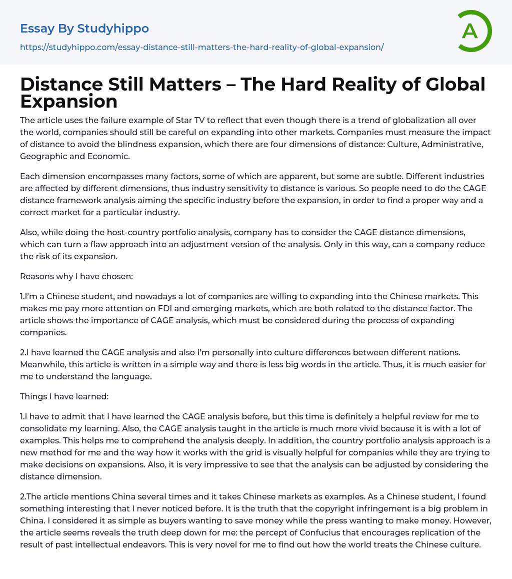 Distance Still Matters – The Hard Reality of Global Expansion Essay Example