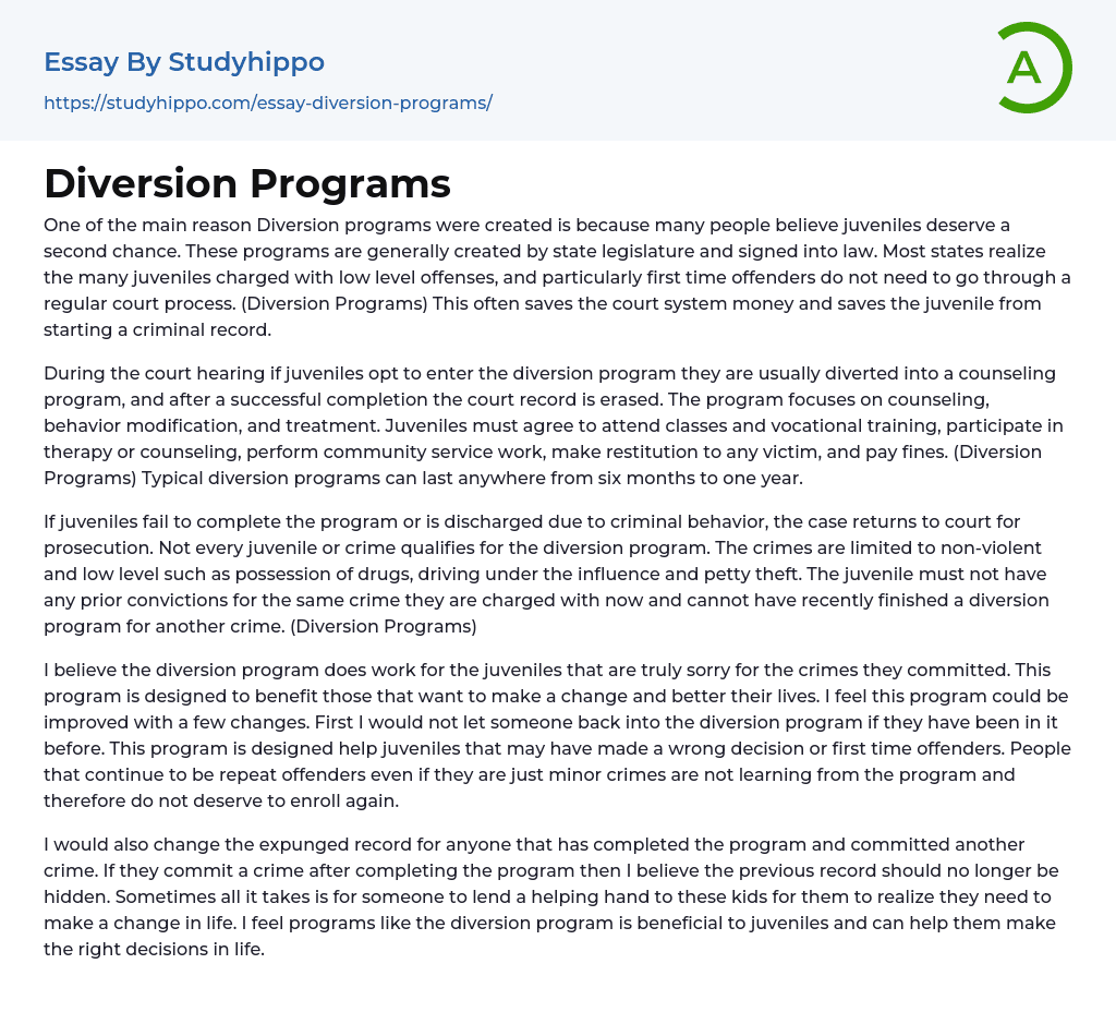 Diversion Programs Essay Example
