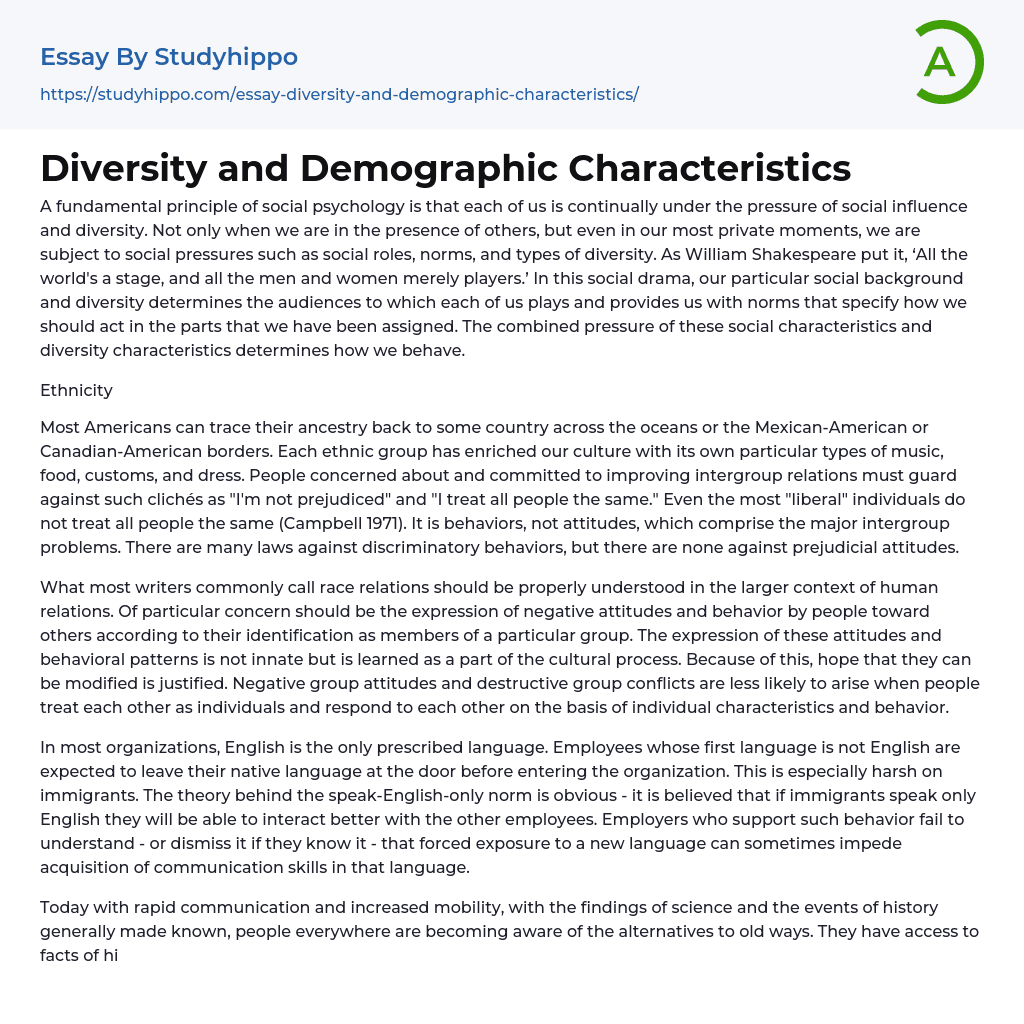 Diversity and Demographic Characteristics Essay Example