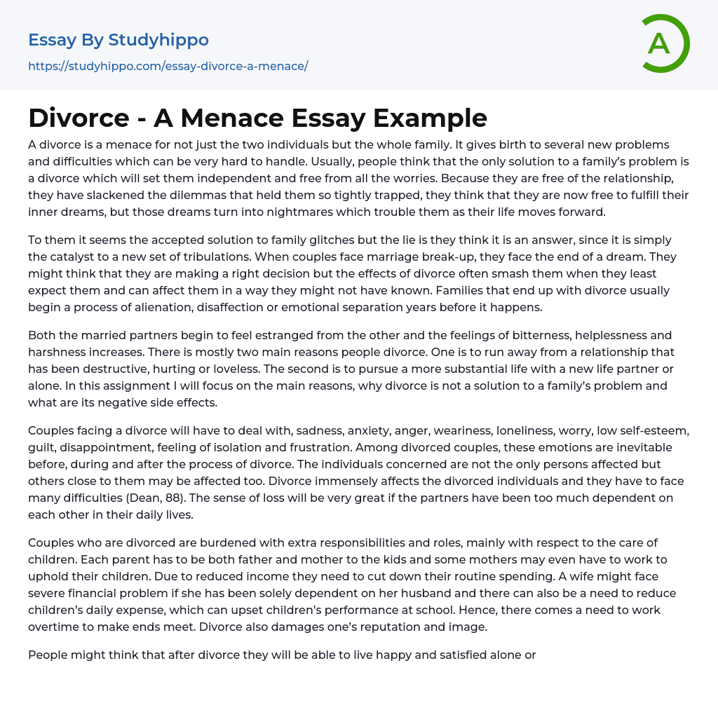 Divorce – A Menace Essay Example