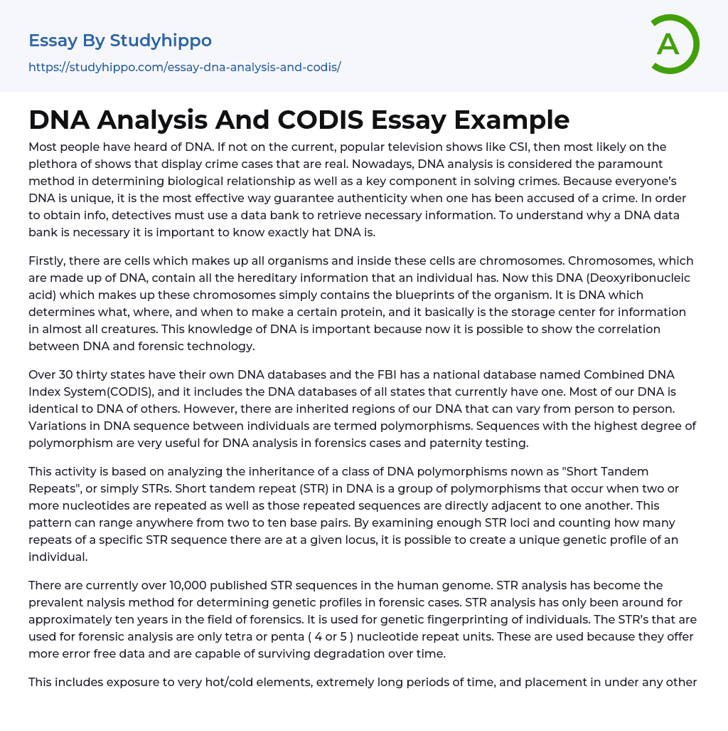 DNA Analysis And CODIS Essay Example