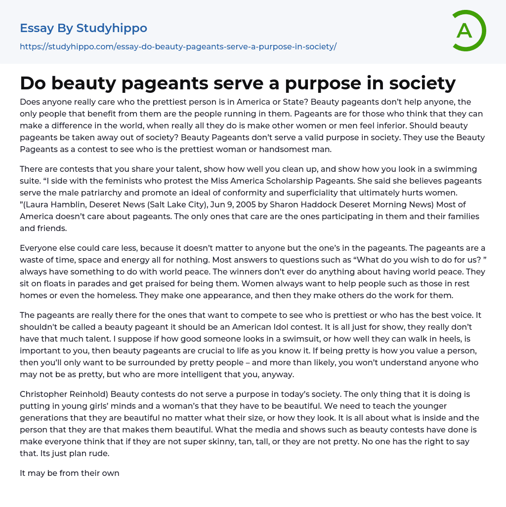 Do beauty pageants serve a purpose in society Essay Example