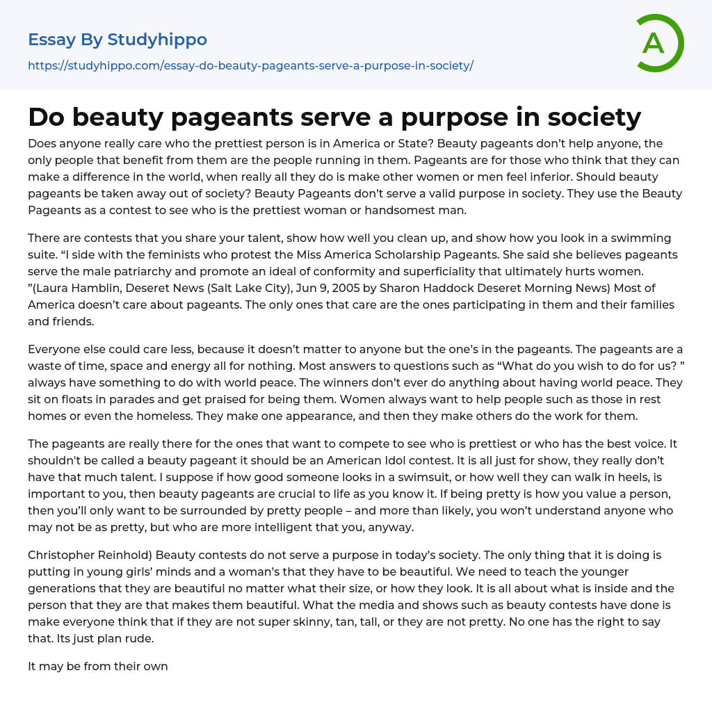 Do Beauty Pageants Serve A Purpose In Society Essay Example 