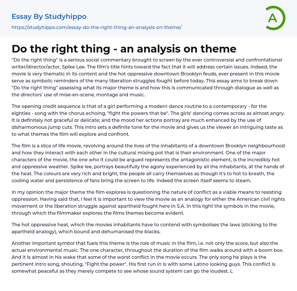 Do the right thing – an analysis on theme Essay Example