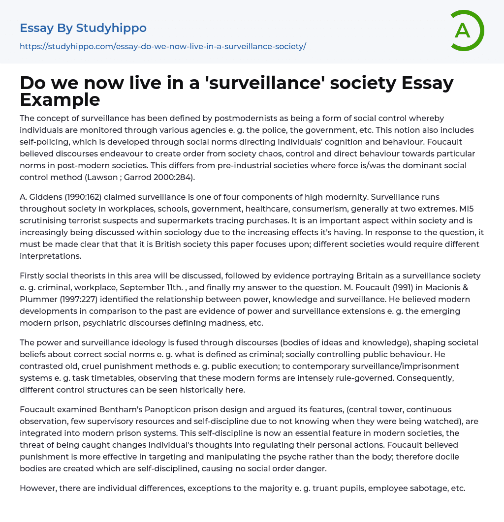 Do we now live in a ‘surveillance’ society Essay Example