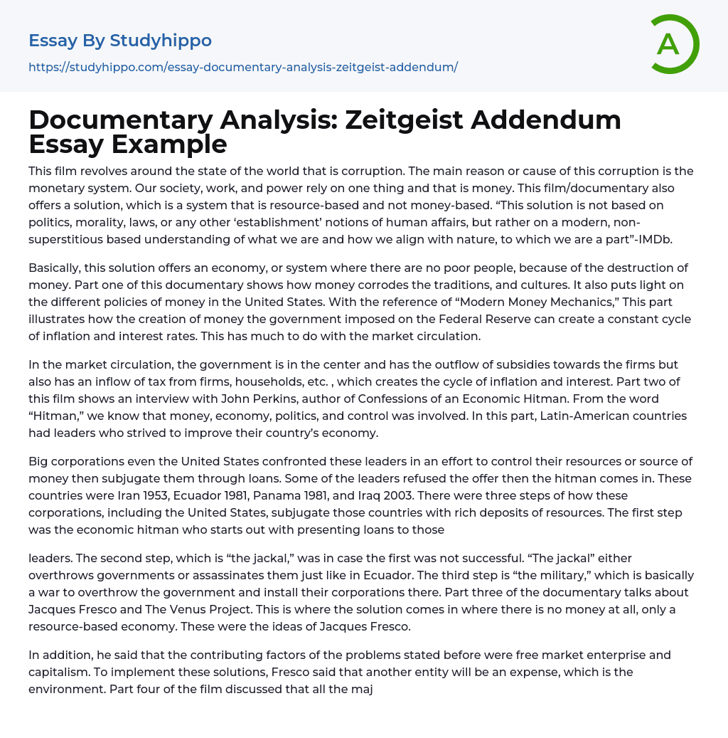 Documentary Analysis: Zeitgeist Addendum Essay Example