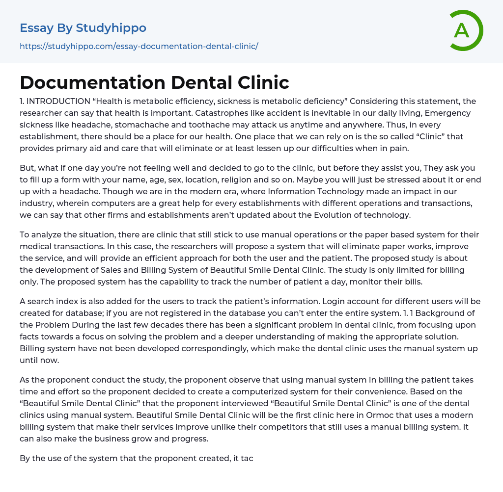 Documentation Dental Clinic Essay Example