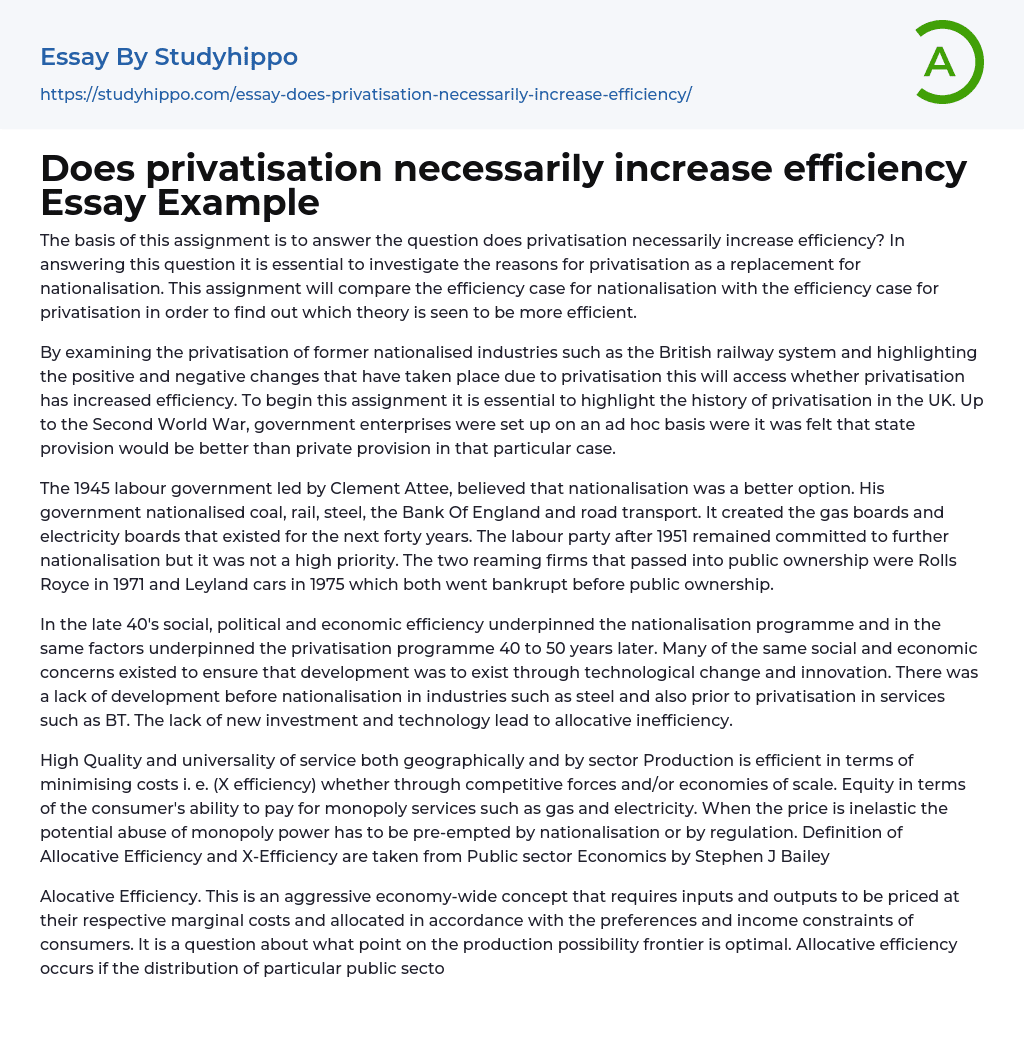 Does privatisation necessarily increase efficiency Essay Example