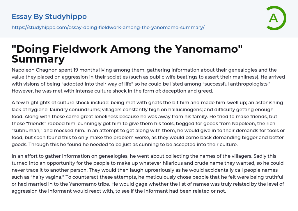 “Doing Fieldwork Among the Yanomamo” Summary Essay Example