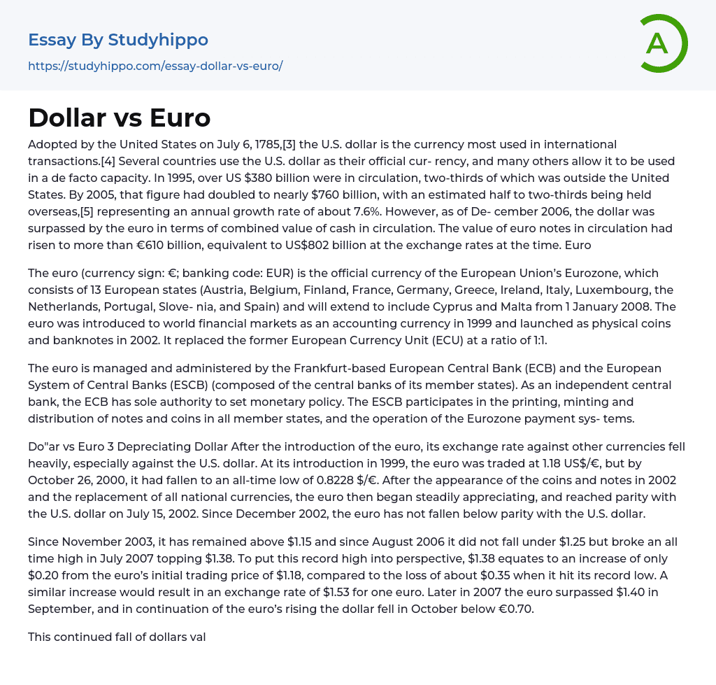Dollar vs Euro Essay Example