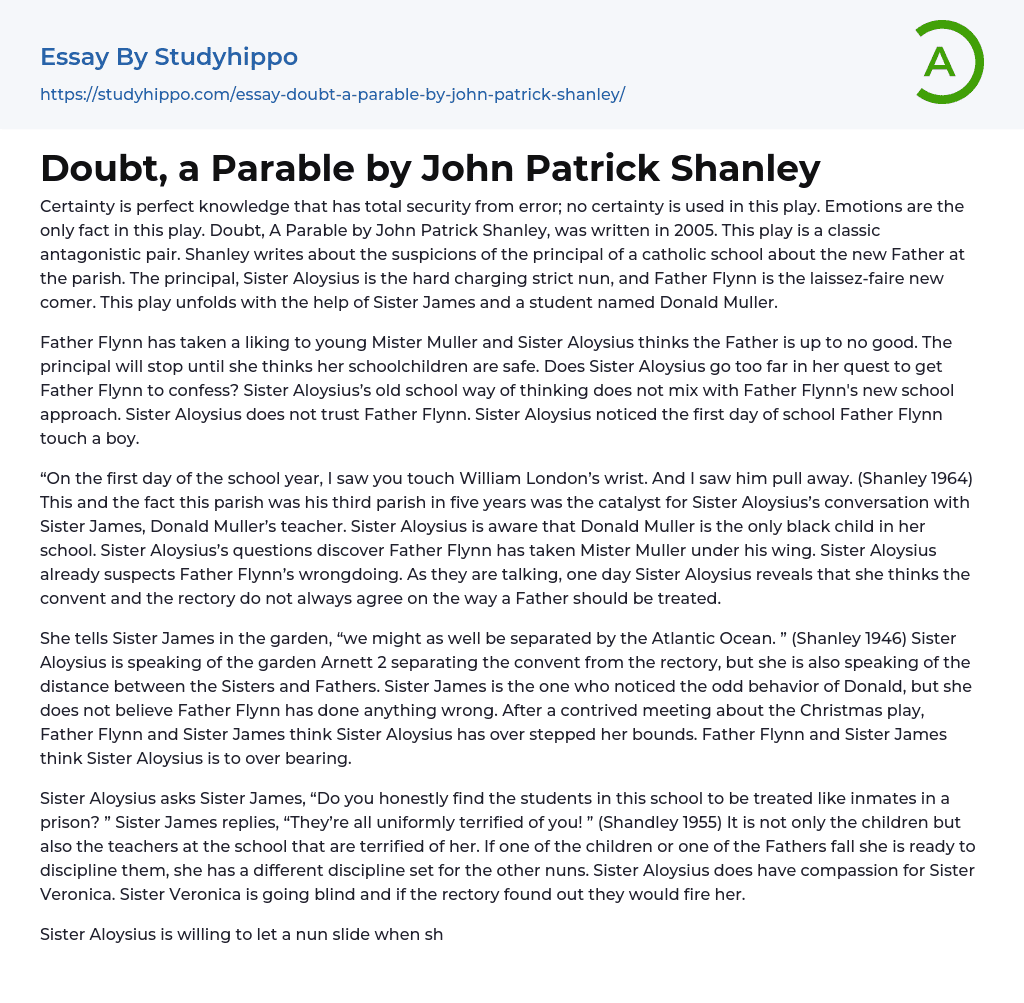 Doubt, a Parable by John Patrick Shanley Essay Example